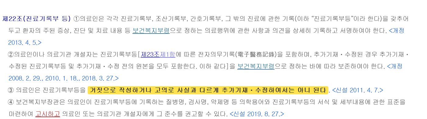 Article 22 of Korea's Medical Service Act, with the ban on false or altered medical records highlighted