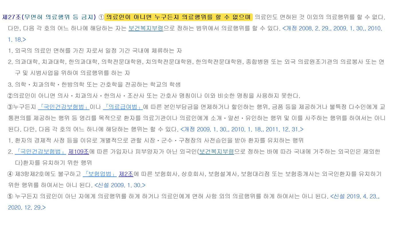 Korea Medical Service Act Article 27 with the ban on medical acts by non-medical professionals highlighted